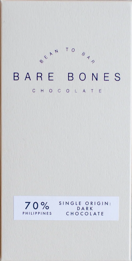 Front packaging of Bare Bones 70% Philippines Dark Chocolate with white background